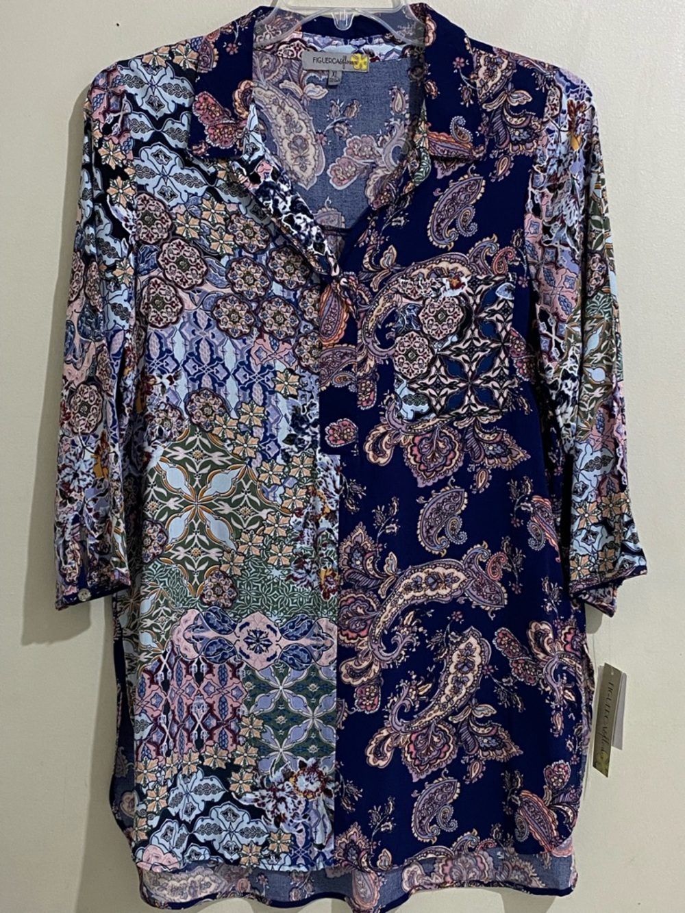 Anthropologie Floral Patchwork Paisley Button-Front Top - Navy / Blue
